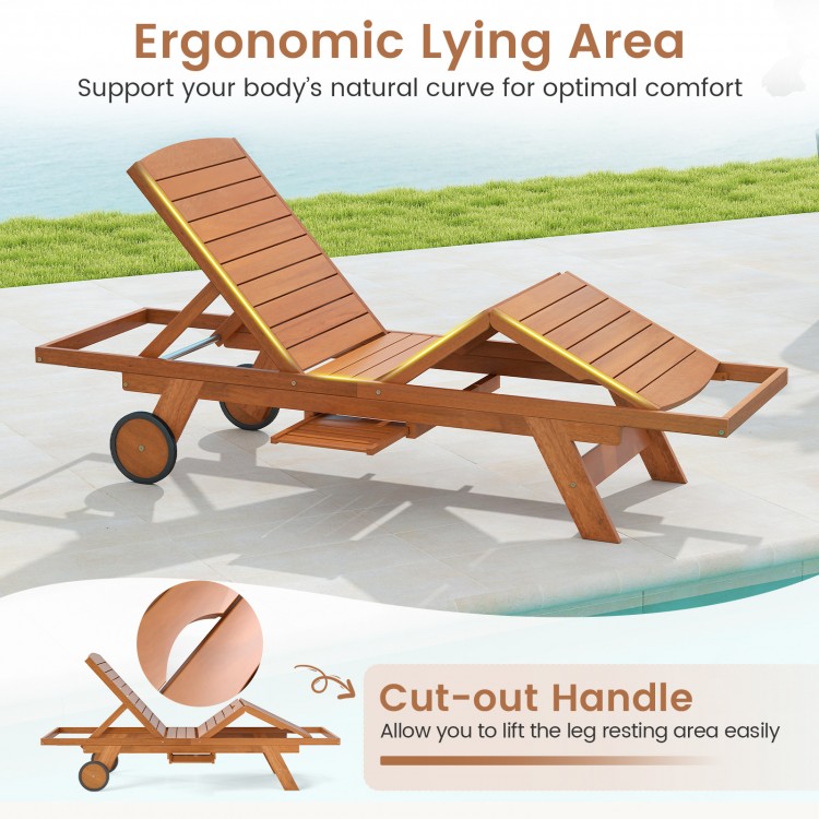 Outdoor chaise lounge chair with wheels, solid wood, 4-position adjustable backrest, ideal for poolside relaxation.