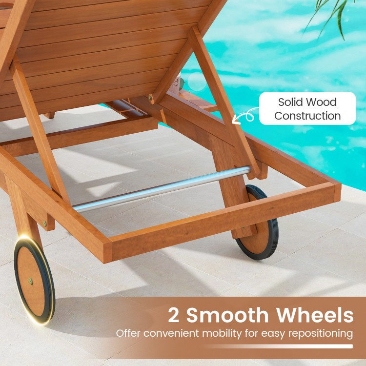 Close-up of the outdoor chaise lounge chair's solid wood construction and smooth wheels for easy mobility and.