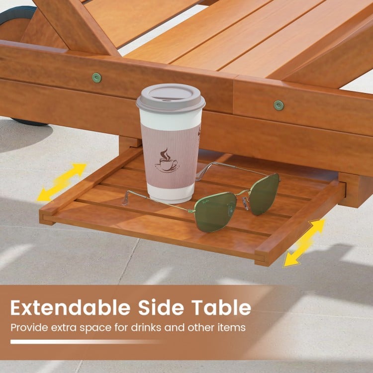 Extendable side table of the outdoor chaise lounge chair, perfect for drinks and items, enhancing patio relaxation.