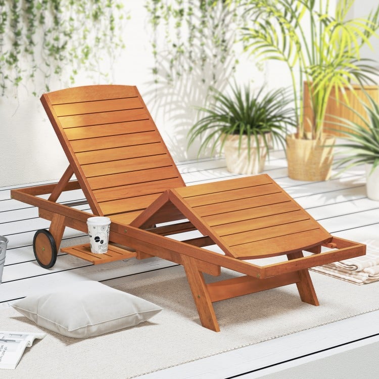 Outdoor chaise lounge chair with wheels, solid wood construction, 4-position adjustable backrest for patio relaxation.