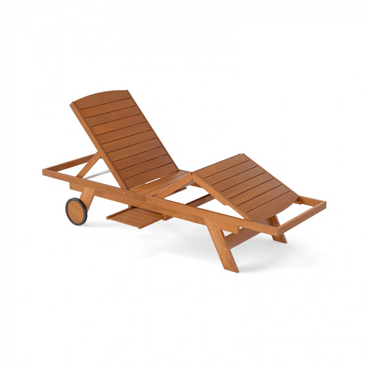 Side view of the outdoor chaise lounge chair with wheels, showcasing its rustic wood grain and ergonomic design for.