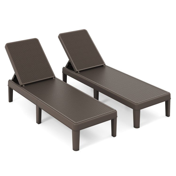 Two brown outdoor chaise loungers with waterproof rattan textured PP surface and adjustable backrests for sunbathing.