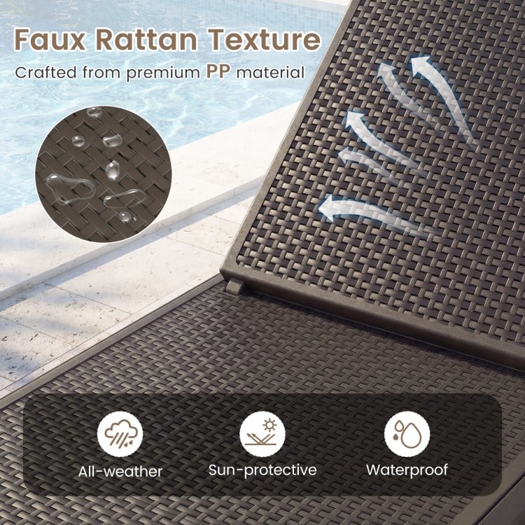 Faux rattan texture of the outdoor chaise lounger chair, featuring a waterproof PP surface for all-weather use.
