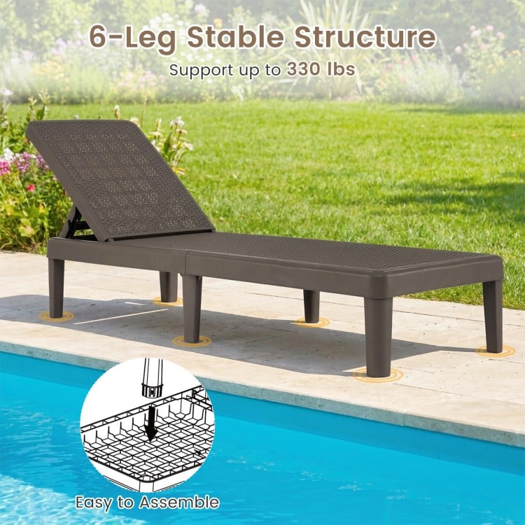 Brown outdoor chaise lounger chair with waterproof rattan textured surface, adjustable backrest, and 330 lbs capacity.