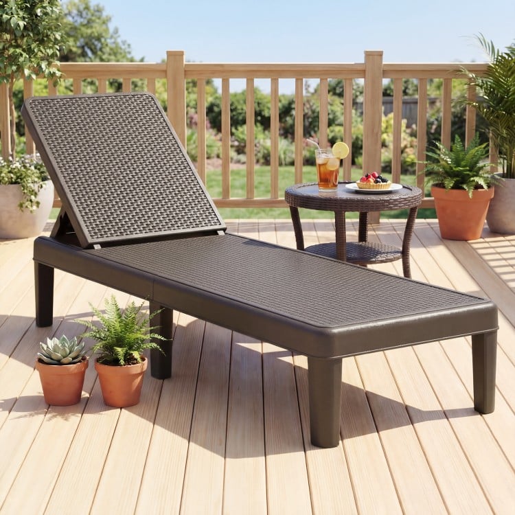 Brown outdoor chaise lounger chair positioned on a deck, featuring a waterproof rattan textured surface for outdoor.