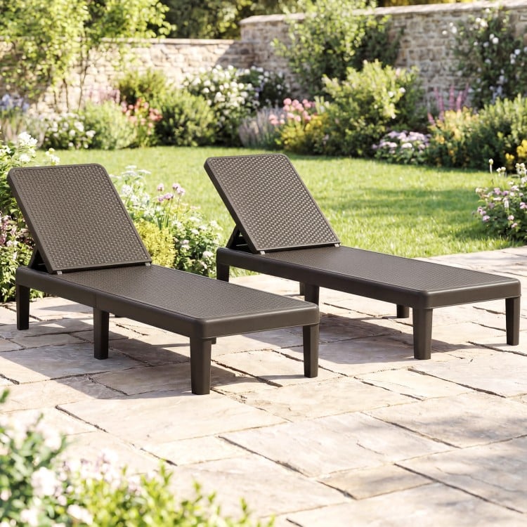 Brown outdoor chaise lounger chairs with waterproof rattan textured surface, adjustable backrest for sunbathing and.