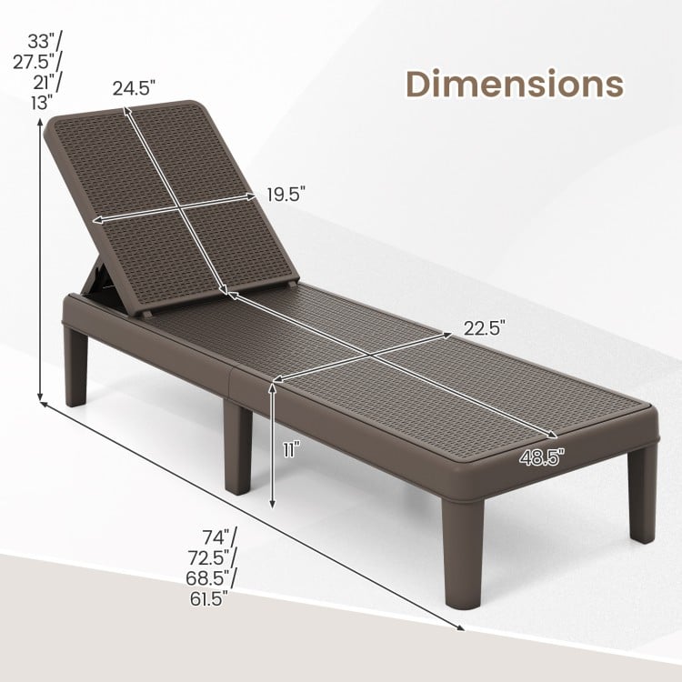 Dimensions of the brown outdoor chaise lounger chair with waterproof rattan textured surface, adjustable backrest, and.