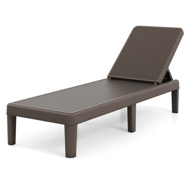 Brown outdoor chaise lounger chair with waterproof rattan textured PP surface and adjustable backrest for sunbathing.