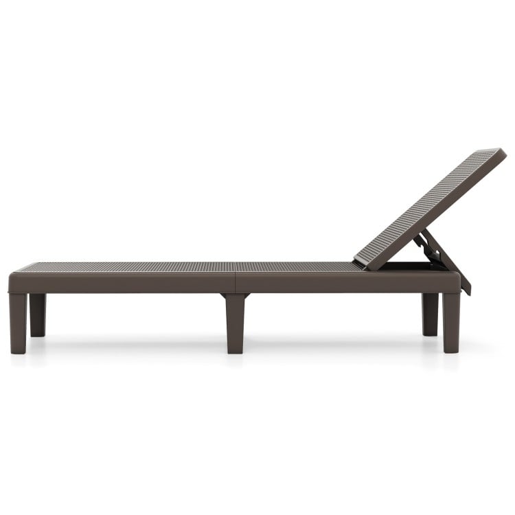 Side view of the brown outdoor chaise lounger chair with adjustable backrest and waterproof rattan textured PP surface.