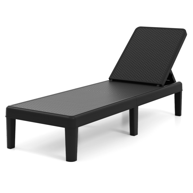 Black outdoor chaise lounger chair with adjustable backrest and waterproof rattan textured surface for sunbathing.