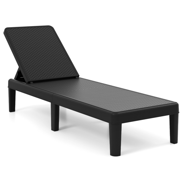 Black outdoor chaise lounger chair featuring a faux rattan texture and 3-position adjustable backrest for versatile.