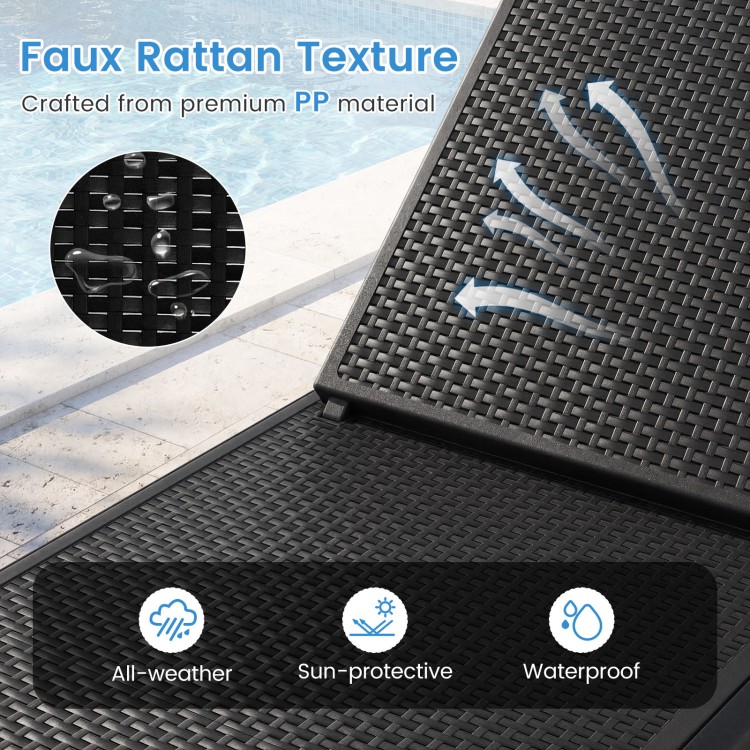 Faux rattan textured surface of the black outdoor chaise lounger, made from waterproof PP material for easy maintenance.