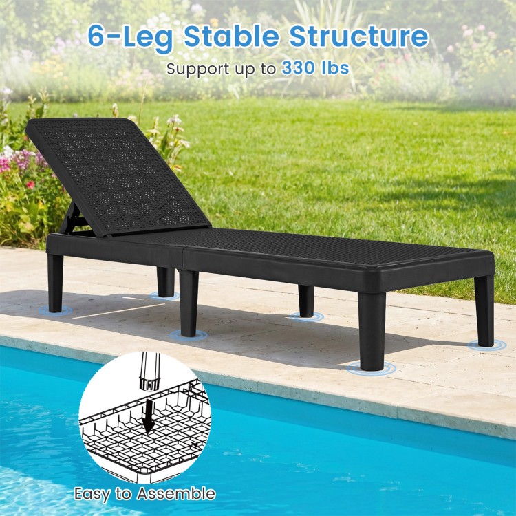 Black outdoor chaise lounger chair with waterproof rattan textured surface, adjustable backrest, supports 330 lbs.