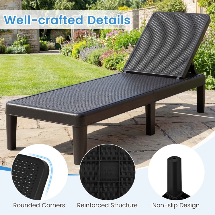 Black outdoor chaise lounger chair with waterproof rattan textured surface, adjustable backrest, and 330 lbs capacity.