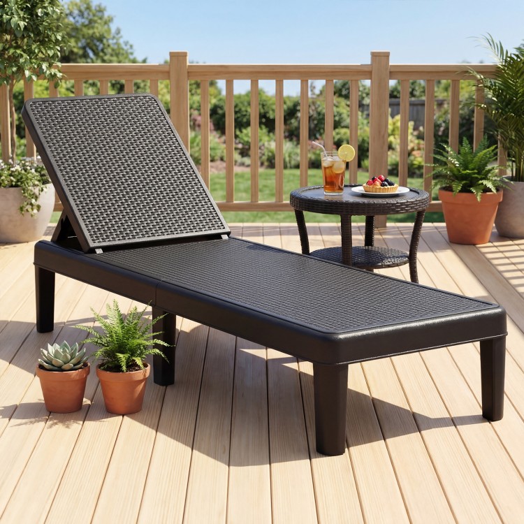 Black outdoor chaise lounger with waterproof rattan textured surface, adjustable backrest, and 330 lbs capacity for.