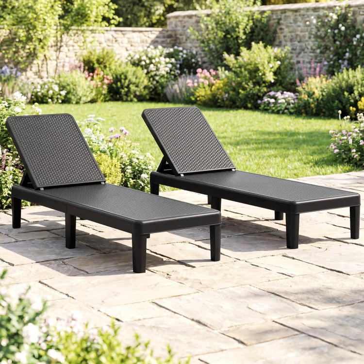 Black outdoor chaise lounger chairs with waterproof rattan textured surface, adjustable backrest for sunbathing or.