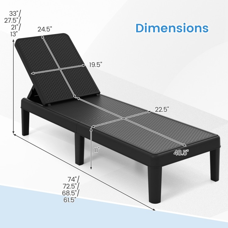 Dimensions of the black outdoor chaise lounger chair with waterproof rattan textured surface and adjustable backrest.