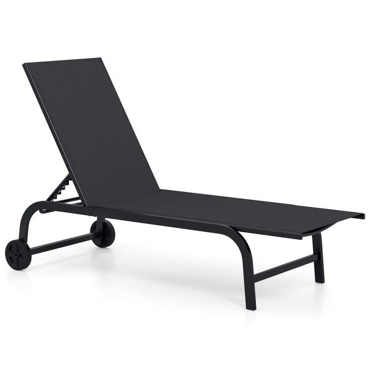 Black outdoor chaise lounge chair with wheels and metal frame, perfect for relaxing in your backyard or patio.