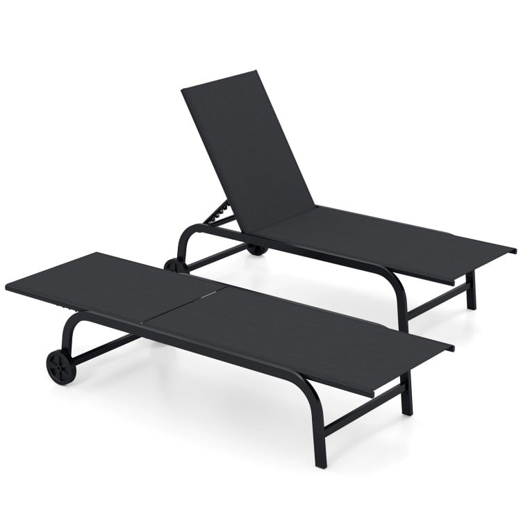 Black outdoor chaise lounge chair with wheels and metal frame, featuring adjustable backrest for comfortable relaxation.