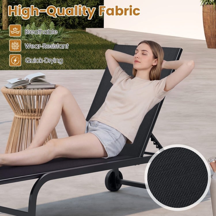 Outdoor chaise lounge chair in black with wheels, featuring breathable, wear-resistant fabric for comfortable.