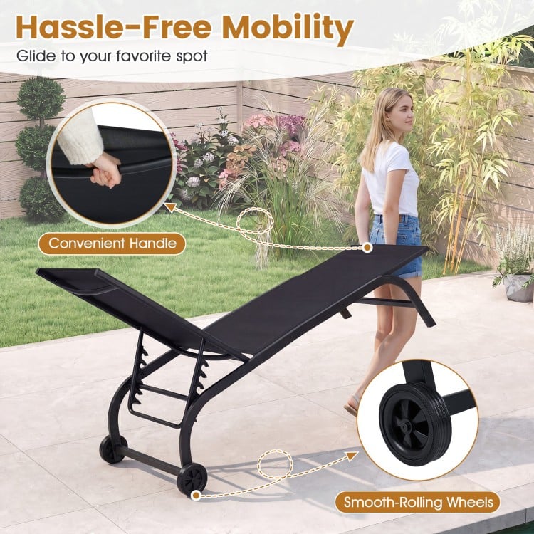 Outdoor chaise lounge chair with wheels and metal frame in black, featuring a convenient handle for easy mobility.