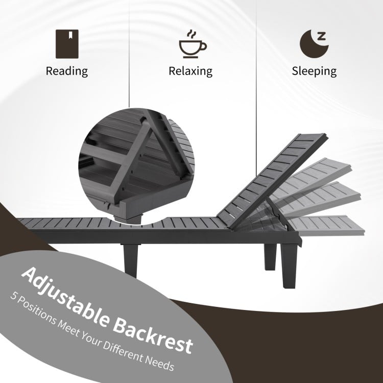 Adjustable backrest of the grey outdoor chaise lounge chair in five positions, perfect for patio relaxation and comfort.