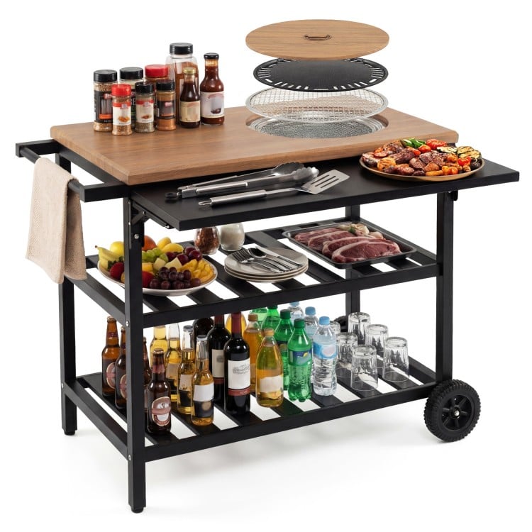Outdoor dining cart with BBQ grill, foldable side panel, and spacious countertop for versatile food preparation.