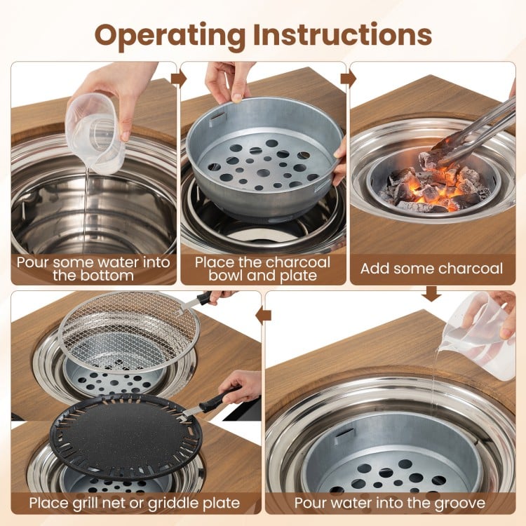 Operating instructions for the outdoor dining cart with BBQ grill, showing charcoal setup and water pouring steps.