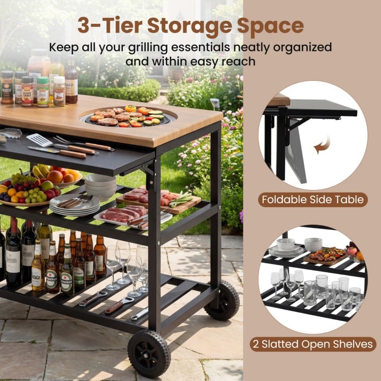 Outdoor dining cart with BBQ grill, featuring a spacious countertop, foldable side panel, and 2 lower organized shelves.