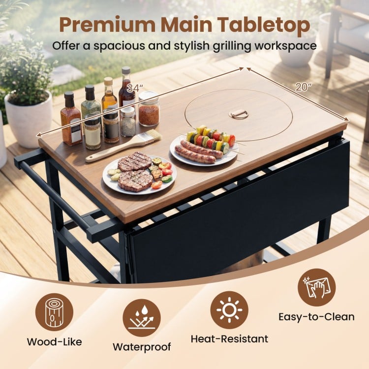 Spacious 34" x 20" wood-like tabletop on the outdoor dining cart with BBQ grill, featuring heat-resistant design.