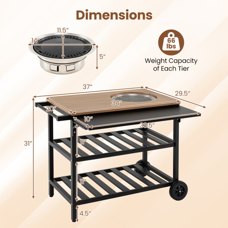 Outdoor dining cart with BBQ grill, featuring a foldable side panel, dual cooking surfaces, and anti-slip wheels for.