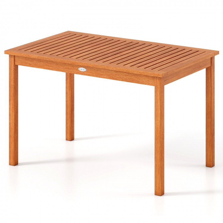 Rectangular outdoor dining table for 4-6 people, 48" wood slatted top, perfect for patio or backyard dining.