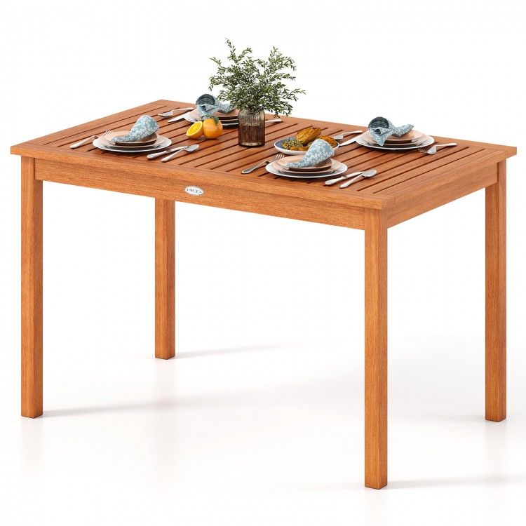 Wooden outdoor dining table for 4-6 people, 48 inches, featuring a slatted top and rustic charm for patio use.