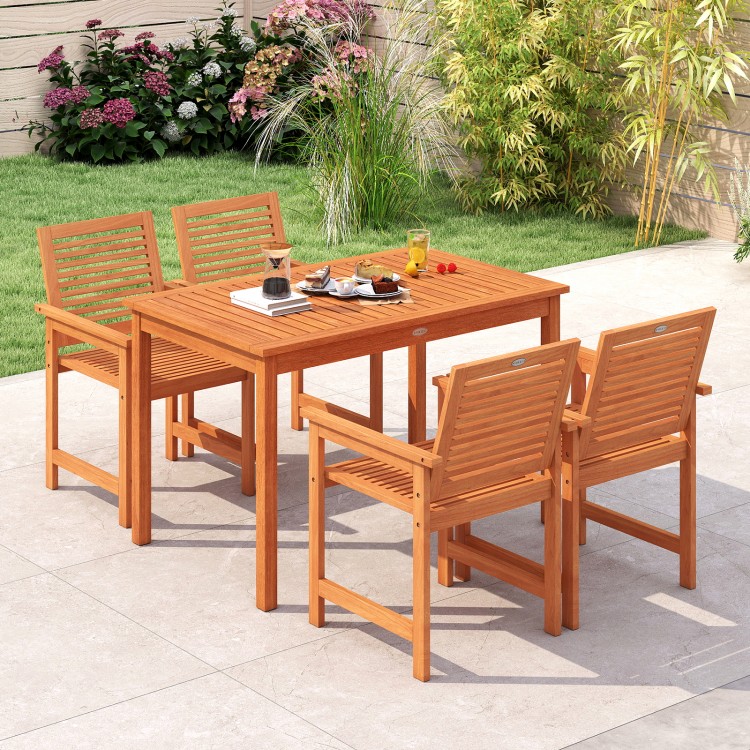 Rectangular 48-inch outdoor dining table for 4-6 people, featuring a smooth wood surface and slatted top for easy.