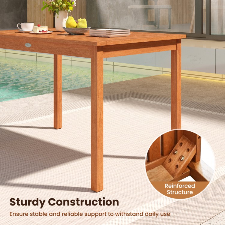 Wooden outdoor dining table for 4-6 people, 48 inches, featuring a sturdy construction and slatted top for easy.