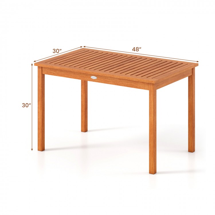 Rectangular outdoor dining table for 4-6 people, 48"x30", made of wood with a slatted top for easy maintenance.
