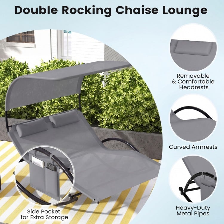 Double rocking chaise lounge in gray with canopy, detachable headrests, and side pocket for outdoor relaxation.