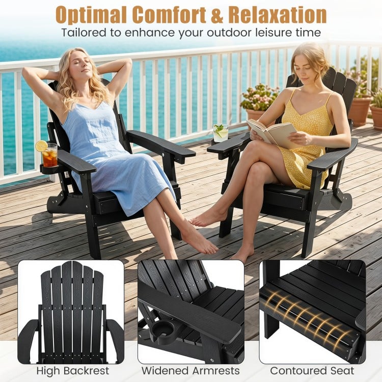 Black outdoor folding Adirondack chair features a high backrest, widened armrests, and a cup holder for ultimate comfort.