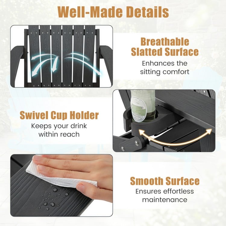 Outdoor folding Adirondack chair in black features a breathable slatted surface, swivel cup holder, and adjustable backrest for comfort.