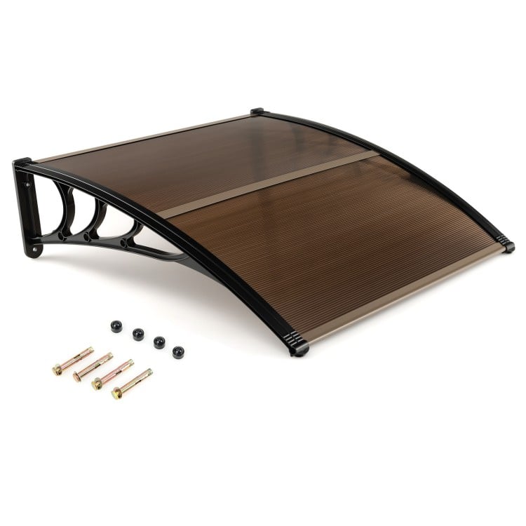 Curved outdoor patio awning made of impact-resistant PC panels, 40 x 40 inches, for sunlight and rain protection.