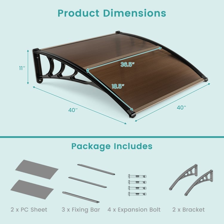Dimensions of the 40 x 40 inch outdoor patio awning, featuring impact-resistant PC panels for weather protection.