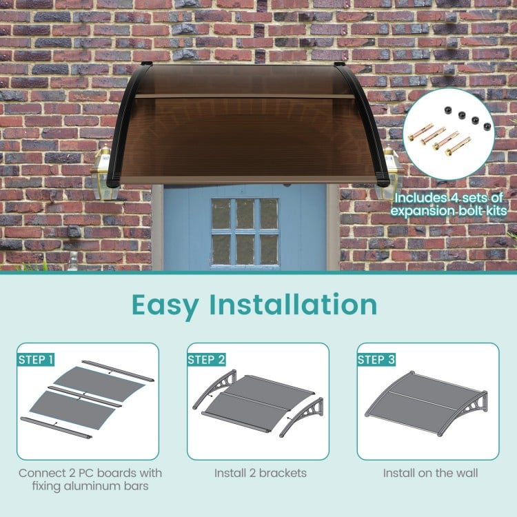 Outdoor front door patio overhang awning, 40 x 40 inch, made of impact-resistant PC panels for sunlight and rain.