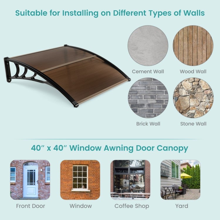 40 x 40 inch outdoor front door awning with impact-resistant PC panels for sunlight, rain, and wind protection.