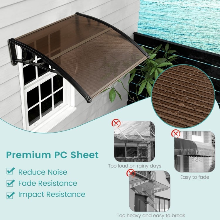 Outdoor front door patio awning made of sturdy PC hollow panels, 40 x 40 inch, for sunlight and rain protection.