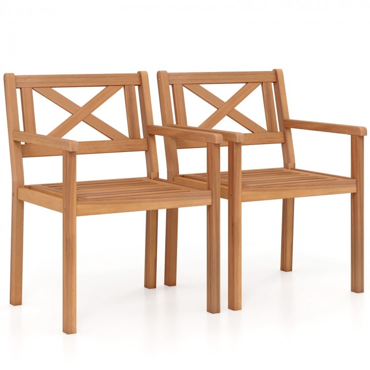 Set of 2 outdoor acacia wood patio dining chairs with ergonomic backrest and smooth armrests for comfortable seating.