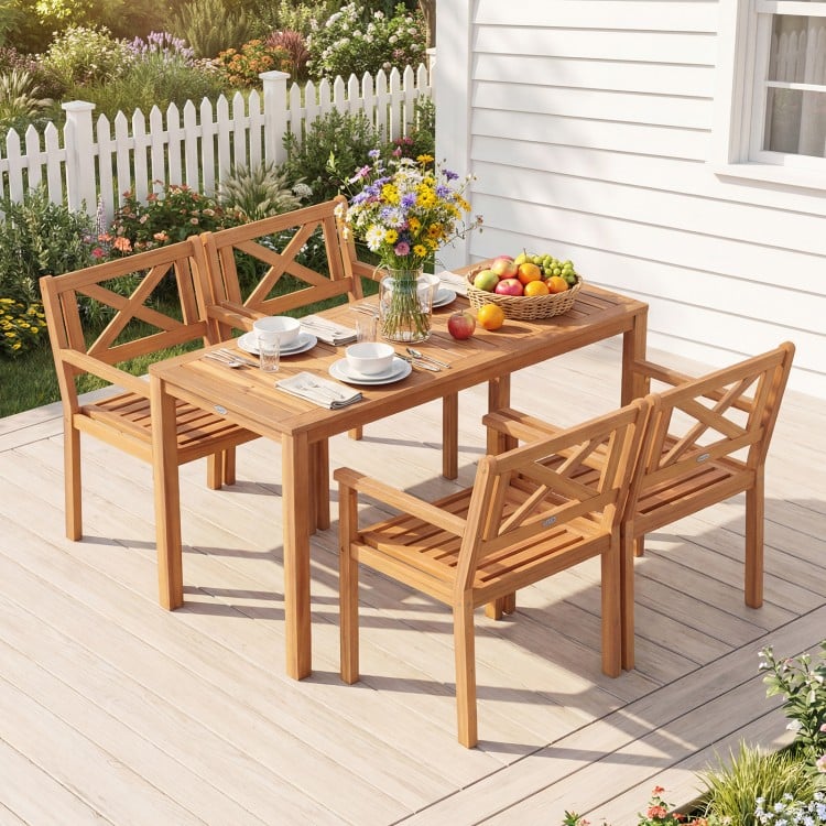 Set of 2 outdoor acacia wood patio dining chairs with ergonomic backrest, ideal for gardens and porches.