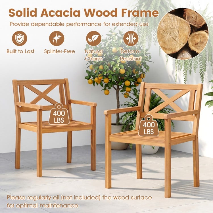 Set of 2 outdoor acacia wood patio dining chairs with ergonomic backrest and splinter-free surface for comfortable.