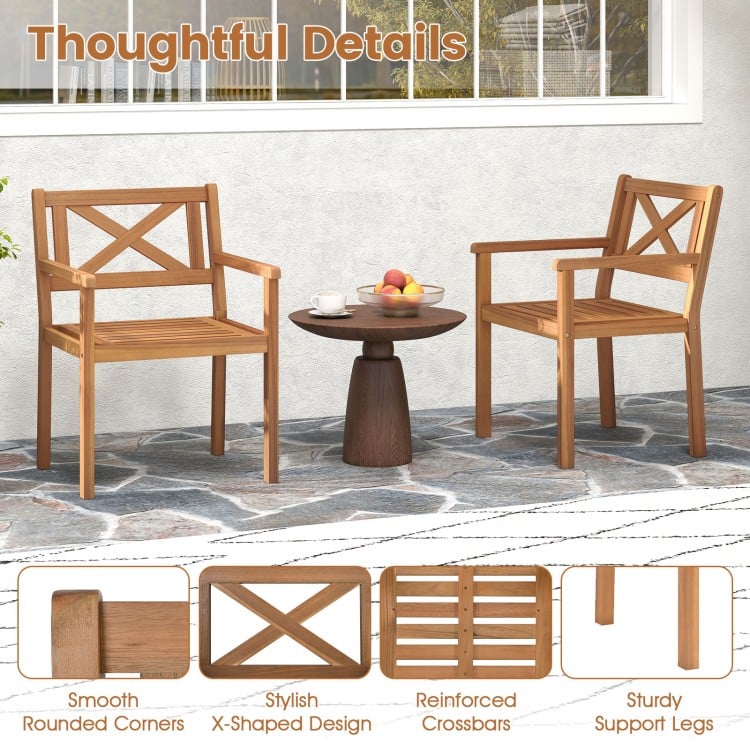 Set of 2 outdoor acacia wood patio dining chairs with ergonomic backrests, smooth armrests, and ventilated slatted.
