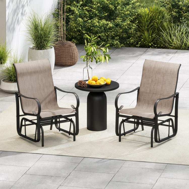 Set of 2 outdoor glider chairs with high backrest, breathable mesh fabric, and metal frame for patio relaxation.