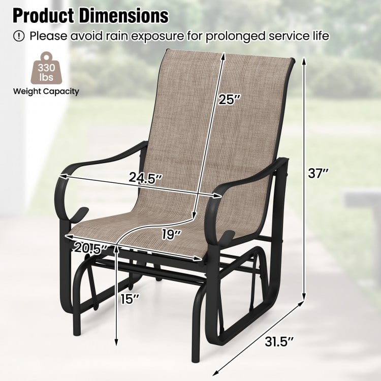 High backrest outdoor glider chair in black and brown with breathable mesh fabric, ideal for patio relaxation.